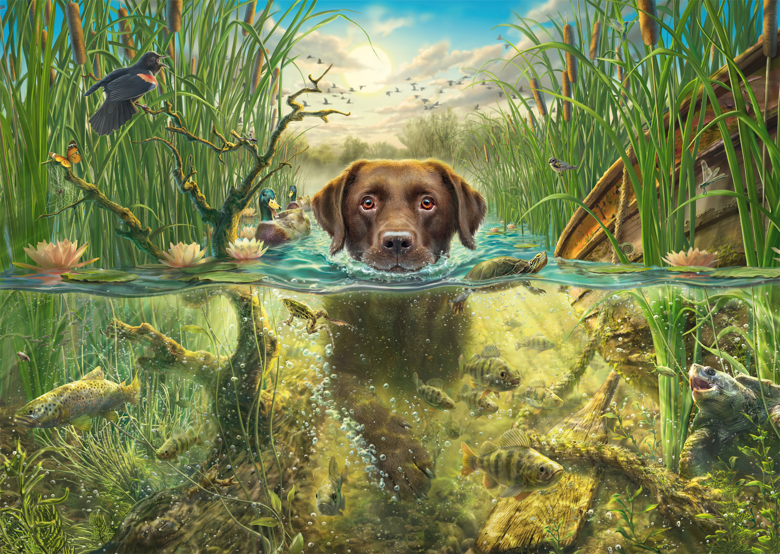Brown Labrador in Cool Water Puslespil 1000 Brikker