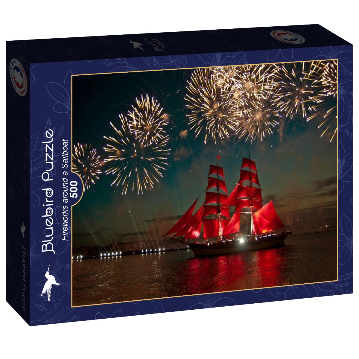 Alternative view of Fireworks around a Sailboat Puslespil 500 Brikker