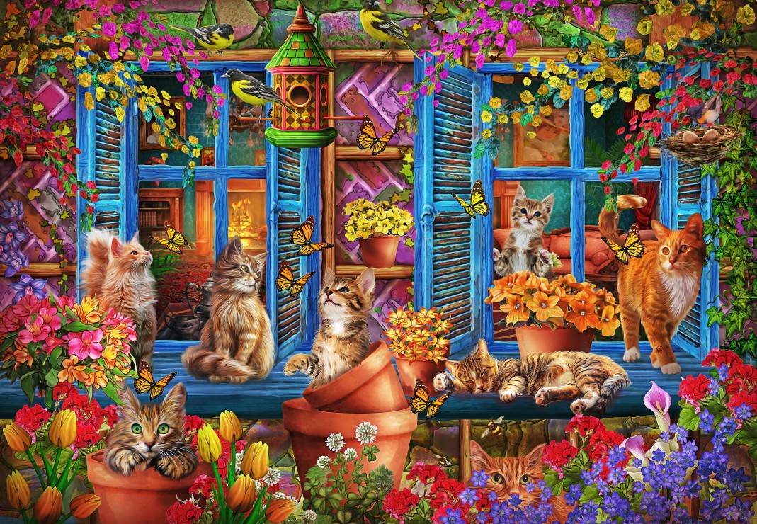 Window Shelf Cats – Bluebird Puslespil med 1000 Brikker